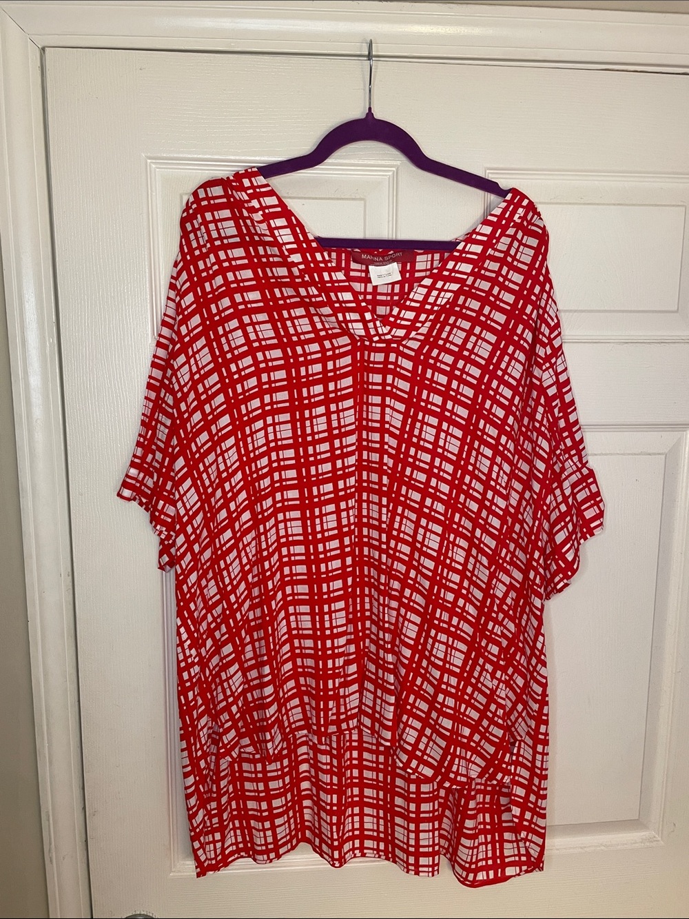 Marina Rinaldi Red and White Plaid V-Neck Tunic